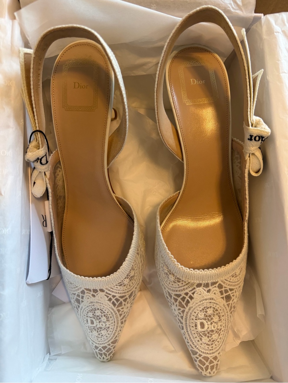 Dior Cream Lace Pointed Slingback Heels